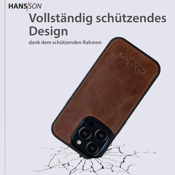 HANS/SON Hülle aus Echtleder | iPhone 14 Pro Max | Braunes Ledercase | 6,7 Zoll | Schmal | Stossfest