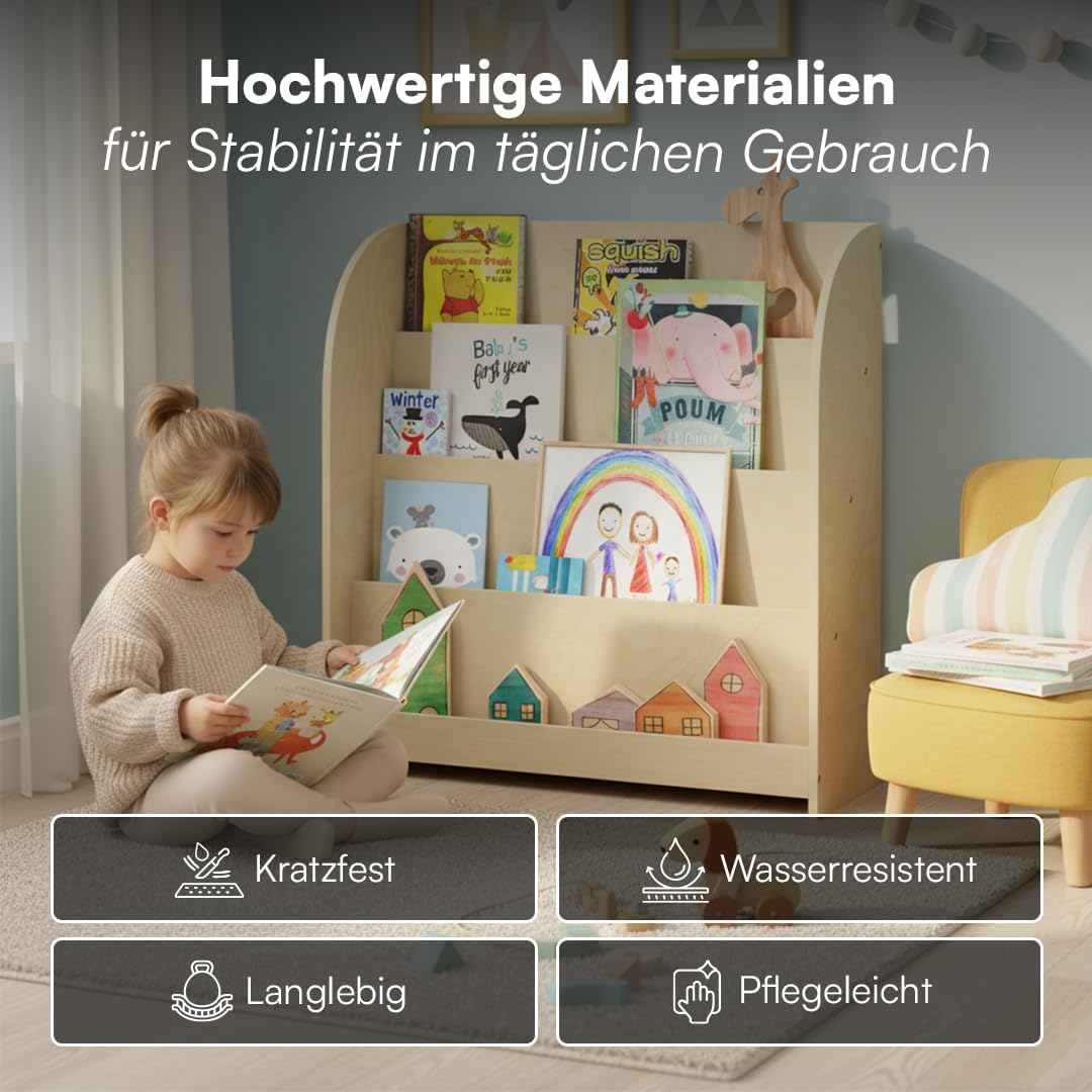 Bellabino Baru Bücherregal Kinder – Montessori Bücherregal mit 4 Breiten Fächern – Kinder Bücherrega