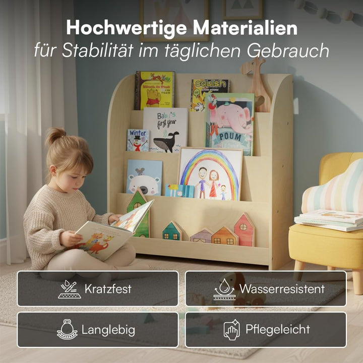 Bellabino Baru Bücherregal Kinder – Montessori Bücherregal mit 4 Breiten Fächern – Kinder Bücherrega