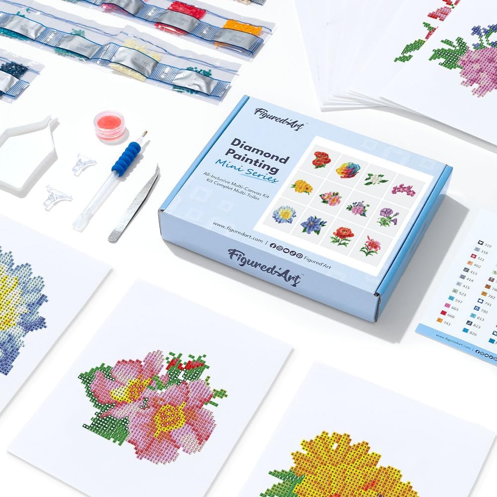Figured'Art Mini Serie Diamond Painting Erwachsene - Blumen 2 - Premium-Box mit 12 Stück 15x18 cm 5D