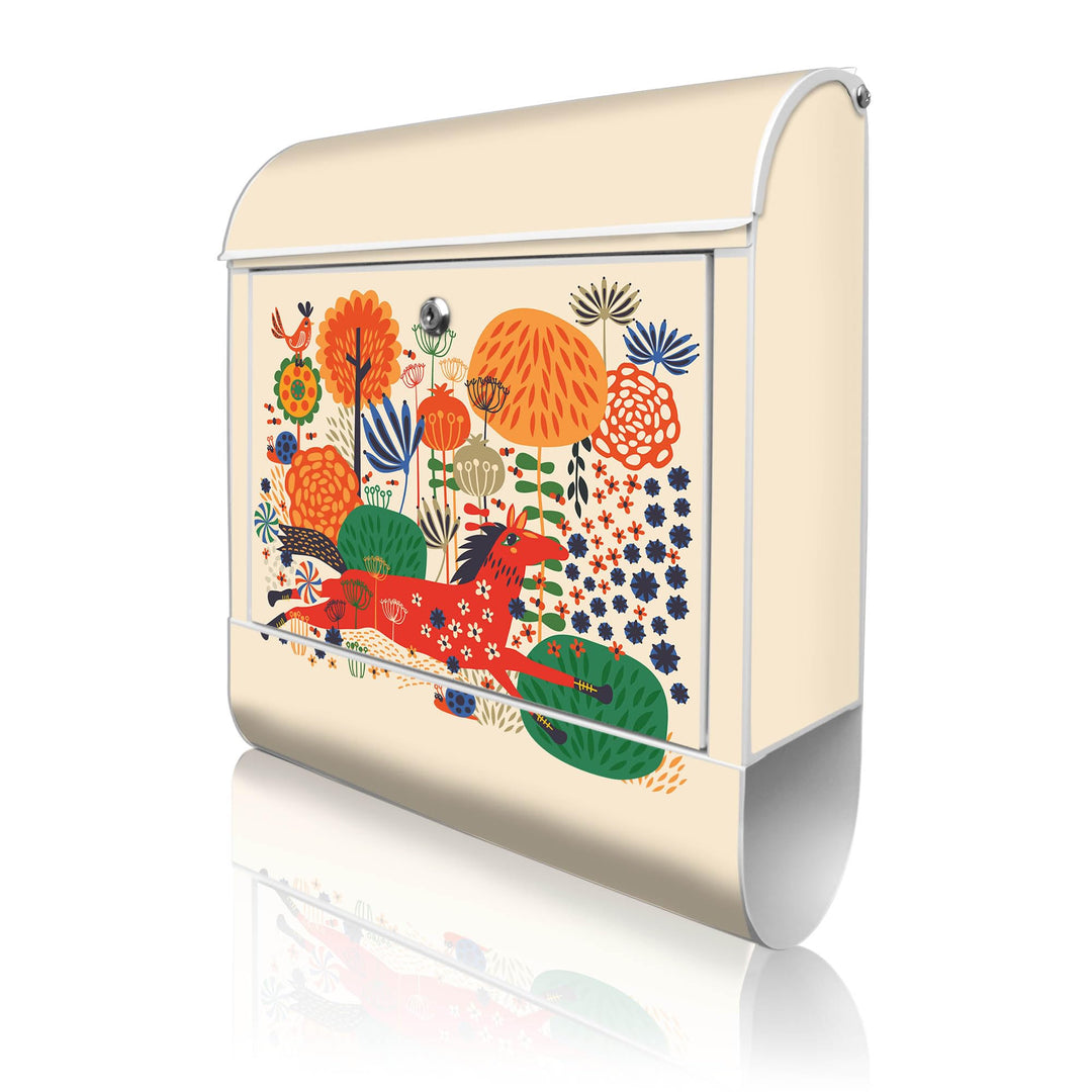 banjado® Design Briefkasten mit Motiv Rotes Pferd 39x47x14cm &amp; 2 Schlüssel - Briefkasten Stahl weiss