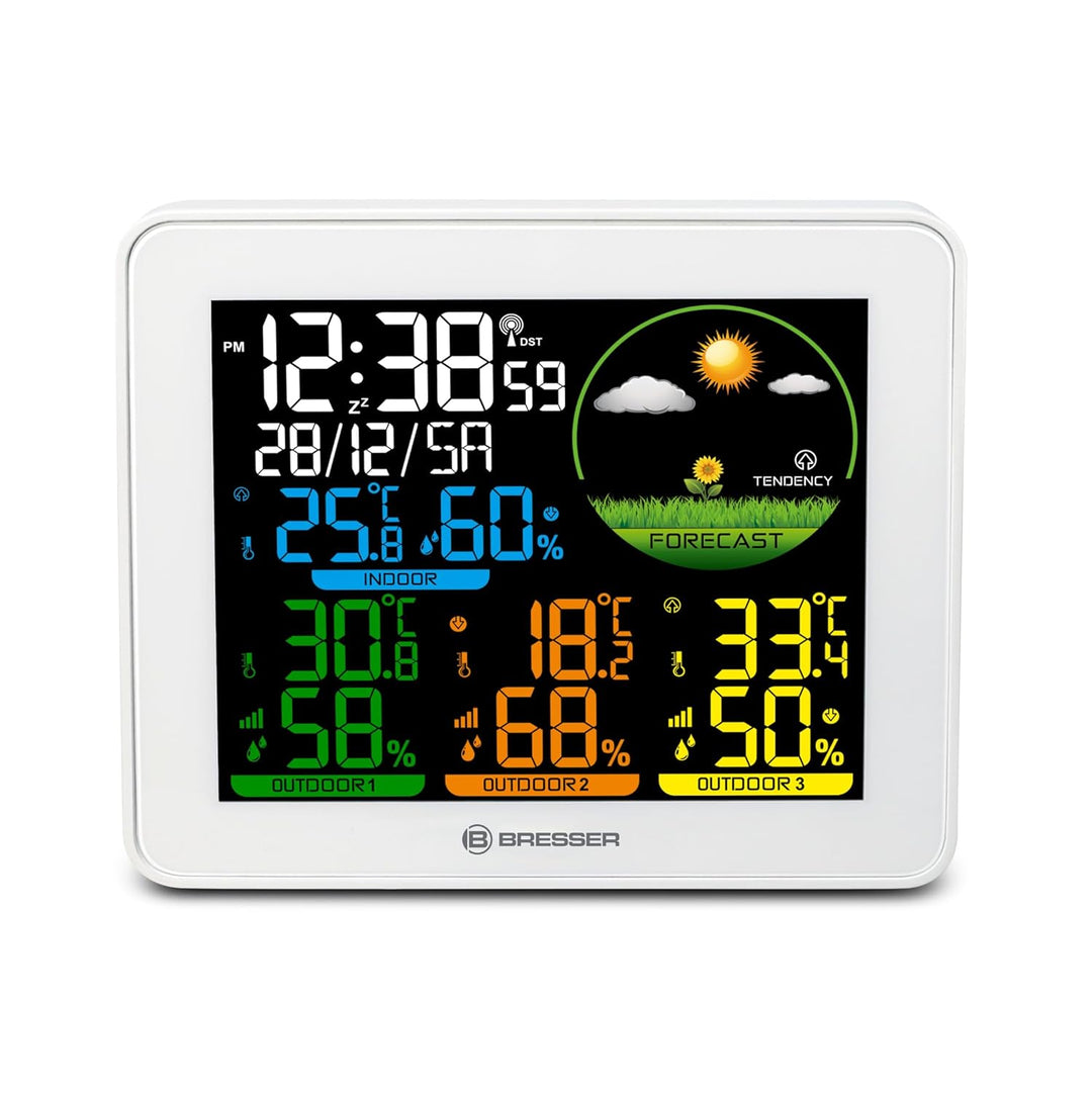Bresser Farbwetterstation 3 Aussensensoren Temperatur Luftfeuchtigkeit Wettervorhersage Uhr Wecker 8