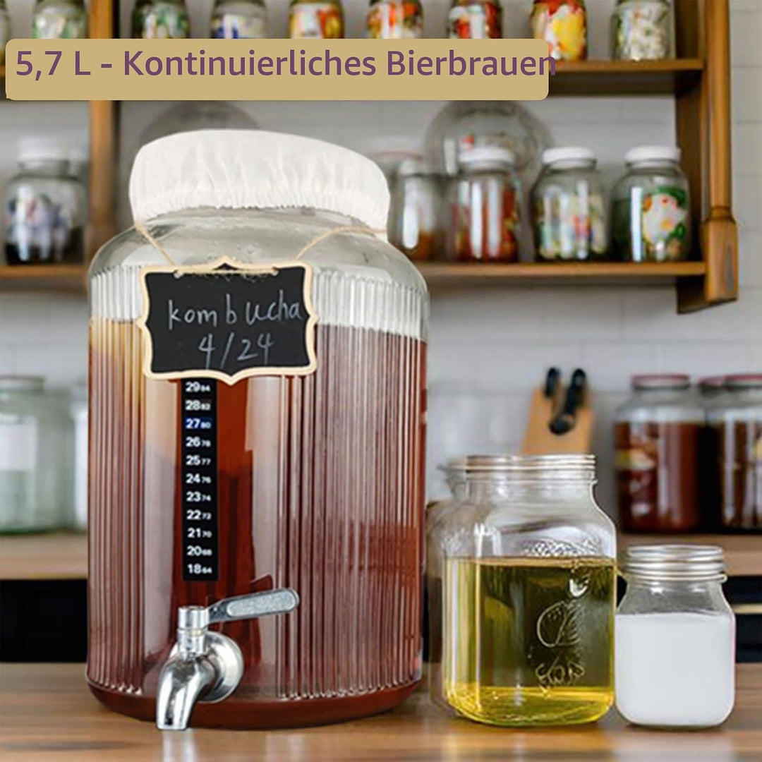 Kombucha Brauset mit 5,5L Glasfermenter &amp; Hahn – Komplett-Set mit Edelstahl-Trichter, Tuch, Temperat