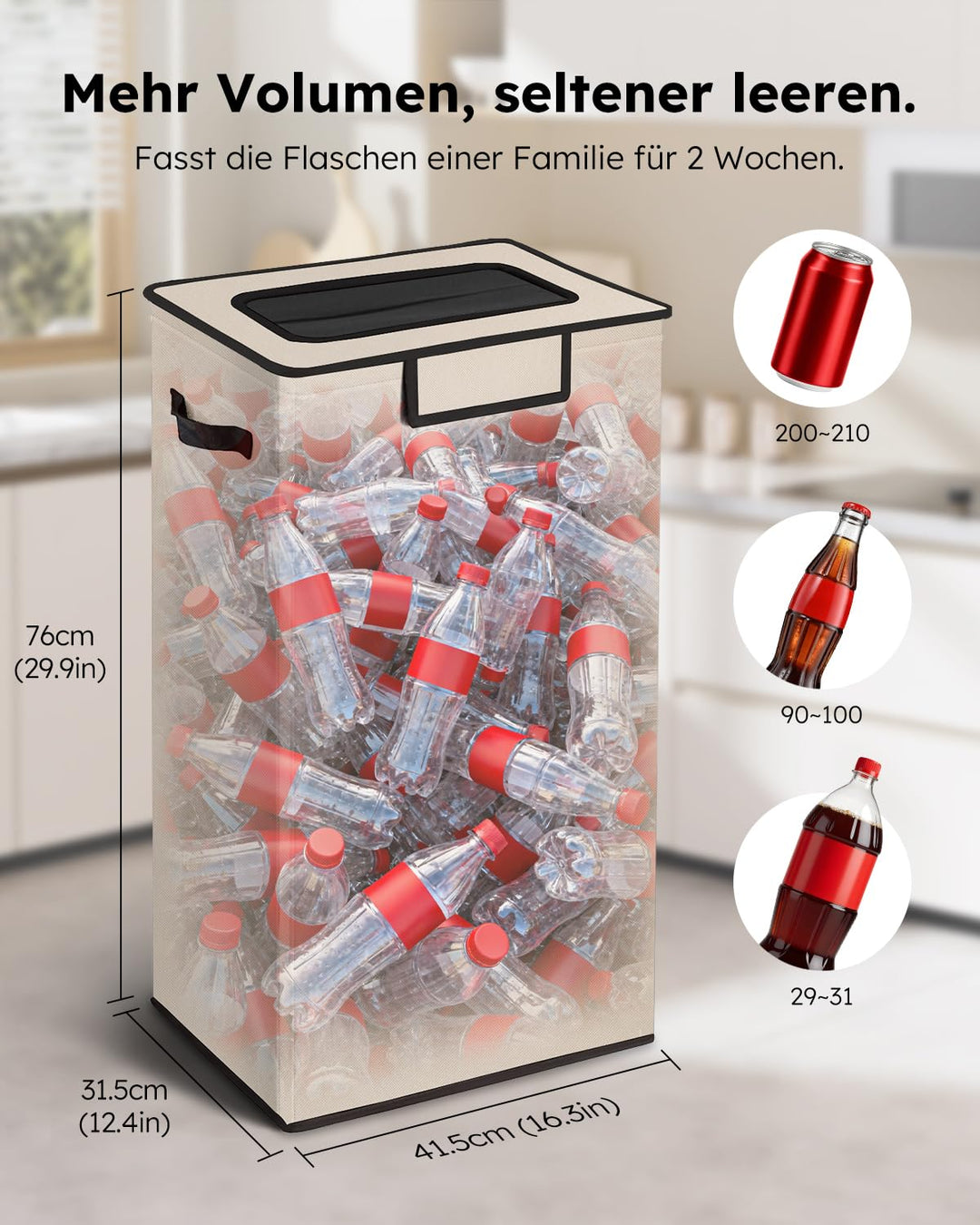 SOELDI 100L Pfandflaschen Sammelbehälter mit Deckel, Pfandflaschen Behälter mit zwei Abnehmbaren Tra