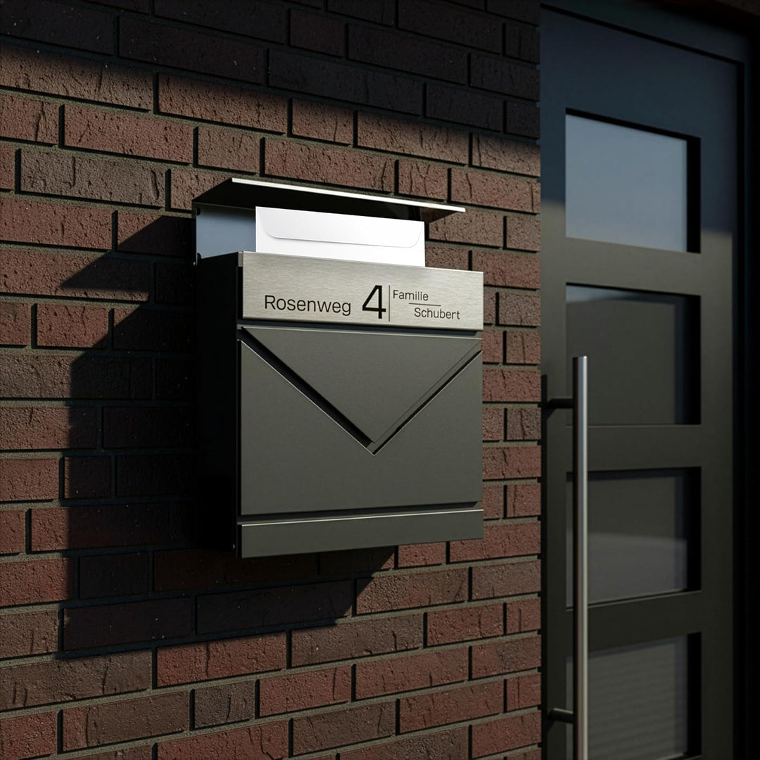 Grafner Premium Briefkasten personalisiert, RAL7016 mit Zeitungsfach und 2 Schlüssel, moderner Postk