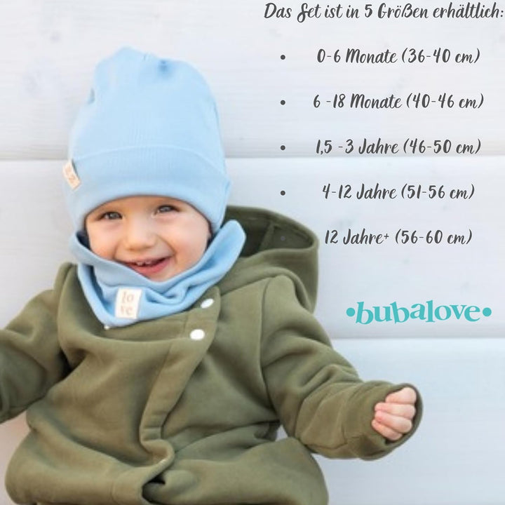 Bubalove Mützen und Schalset für Jungen, Mädchen, Baby, Grössen 0mc bis 12 Jahre+ viele Farben, Früh