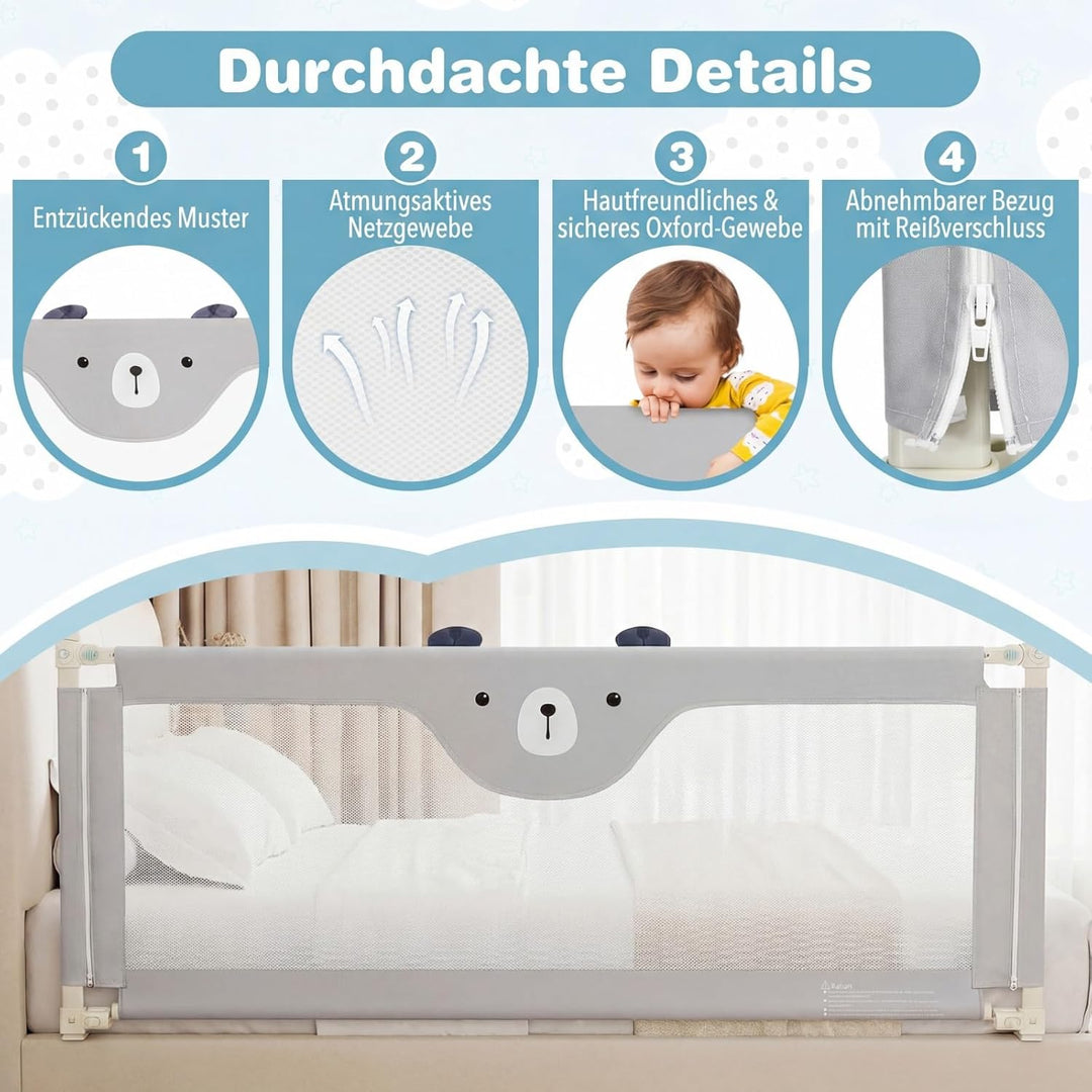 COSTWAY 175cm Bettgitter, 24 Stufen höhenverstellbares Babygitter mit doppeltem Verschluss & Reissve