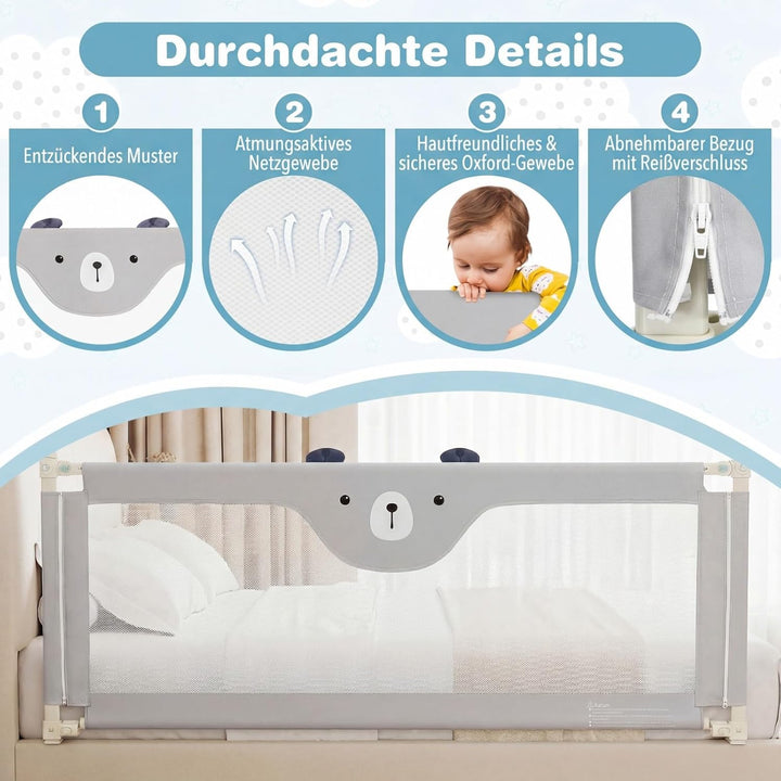 COSTWAY 175cm Bettgitter, 24 Stufen höhenverstellbares Babygitter mit doppeltem Verschluss & Reissve