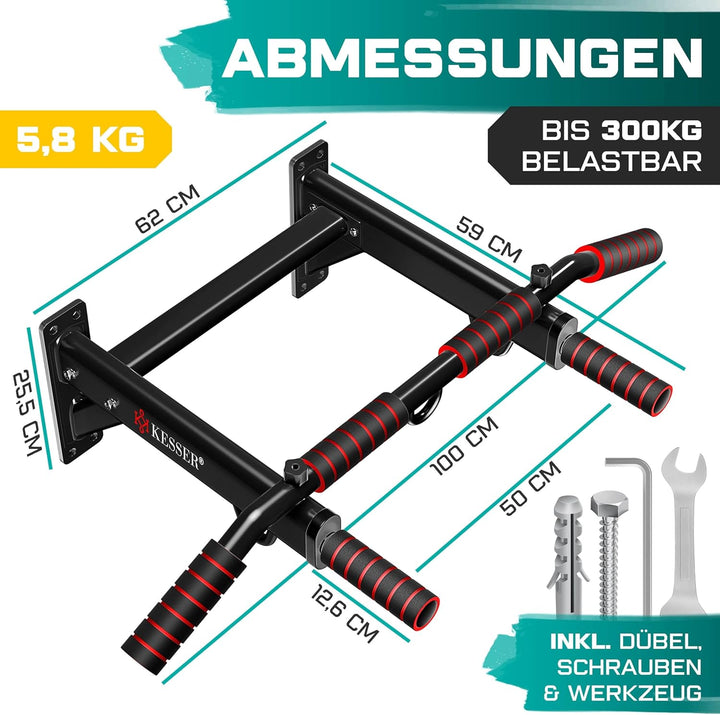 KESSER® 4in1 Klimmzugstange zur Wandmontage rutschfesten Griffen zusätzliche Funktion für Seile Ring