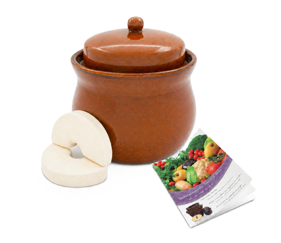 KERAZO Gärtopf 2 Liter aus Steinzeug Keramik inklusive Deckel + Stein + Anleitung [Form 2] BRAUN - G