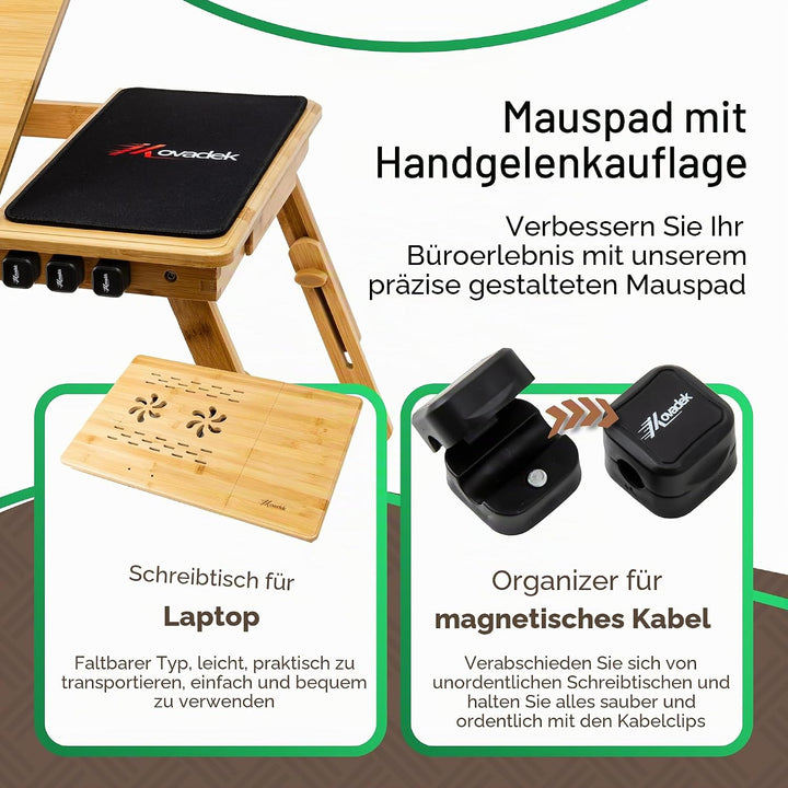 MOVADEK Laptoptisch aus Bambus, höhenverstellbar & klappbar, Betttisch & Notebooktisch mit Schublade
