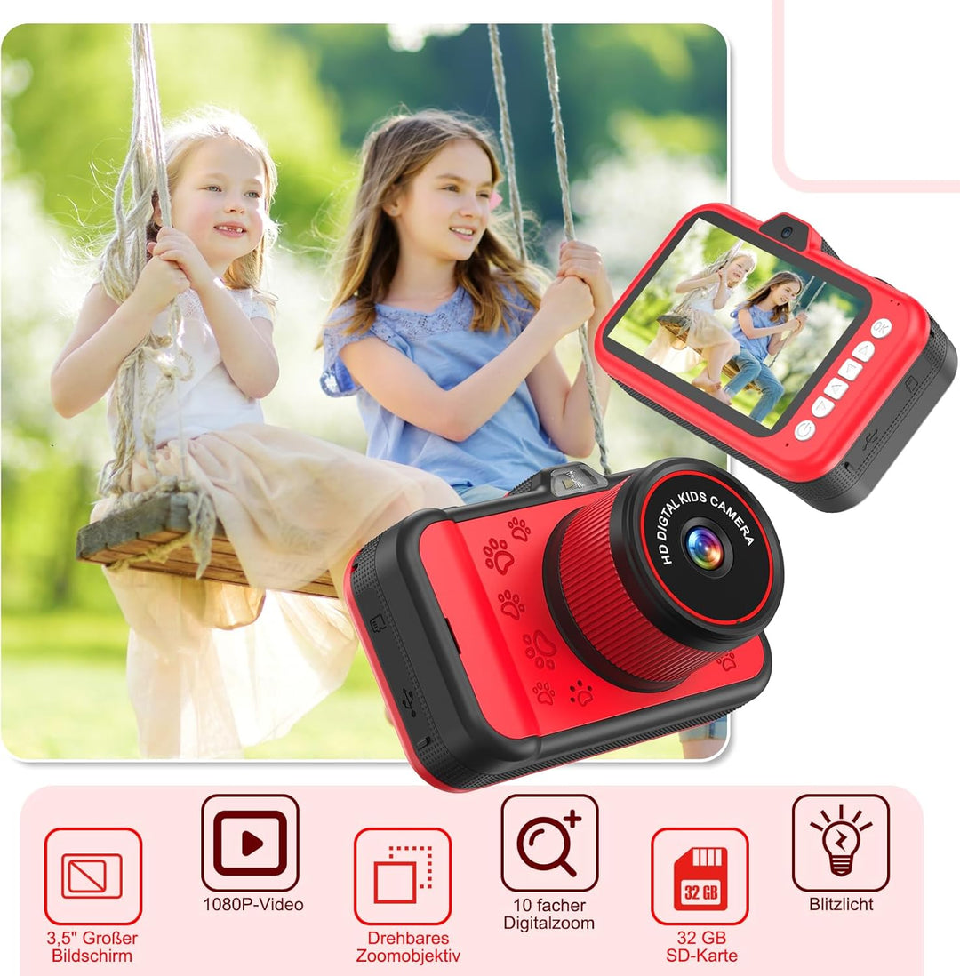Kinderkamera, 3,5" Grosses Display Kinder Kamera mit 360°Rotierendes Zoomobjektiv |Selfies|LED-Blitz