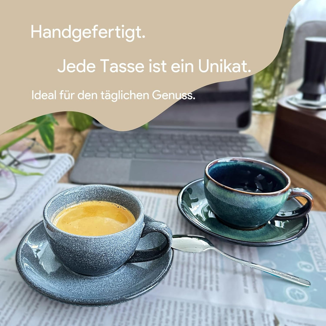 Espressotassen Set mit Untertassen 100ml, 4er Set bunt, handgefertigte Steingut Kaffeetassen, spülma