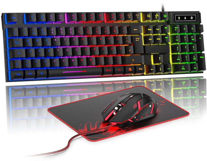Gaming Tastatur und Maus Set, QWERTZ DE Layout, RGB Hintergrundbeleuchtete Kabelgebundene Tastatur,