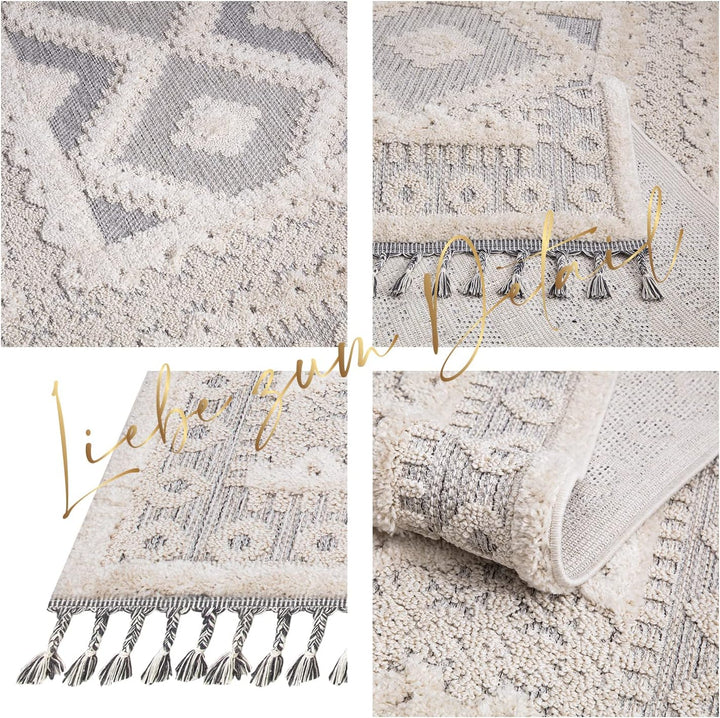 payé Teppich Wohnzimmer - Raute Muster - 160x230cm Creme Grau Blau - Fransen Deko Boho Flauschig - C