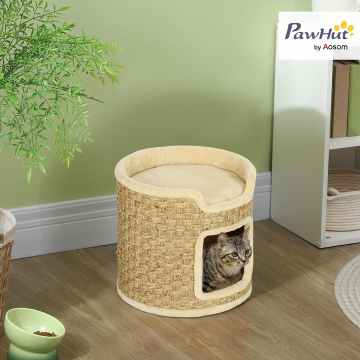 PawHut Kratztonne, 37 cm Hoch Katzentonne, Katzenhöhle mit Tür, Katzenhaus, Kratzbaum mit 2 Ebene, K