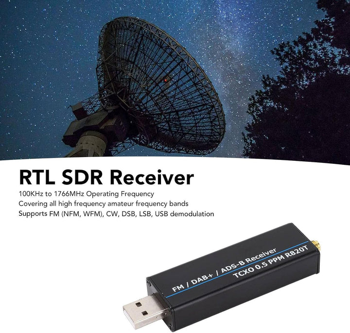 RTL-SDR-Empfänger, 100 kHz Bis 1766 MHz Software Defined Radio, Vollband RTL2832U R820T2 0,5 PPM TCX