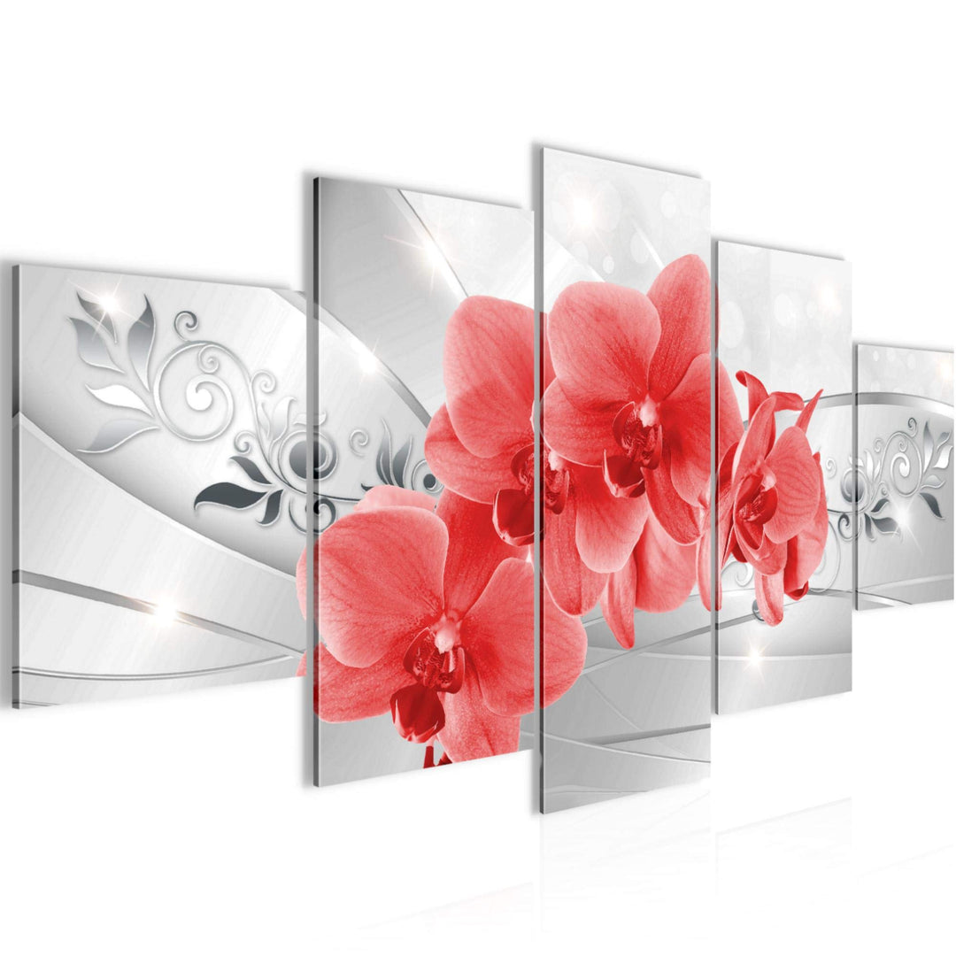 Runa Art Wandbilder Blumen Orchidee 5 Teilig Bild auf Vlies Leinwand Deko Wohnzimmer Silber Rot 2107