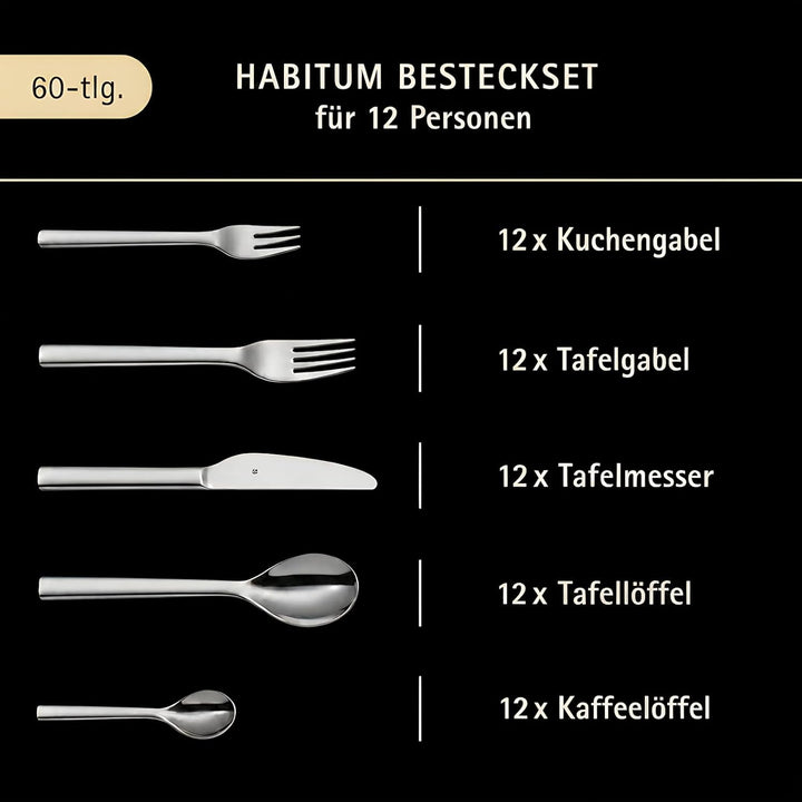 WMF Habitum Besteck Set 12 Personen, Essbesteck 60 teilig, Monobloc-Messer, Cromargan Edelstahl poli