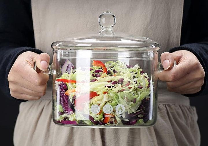 1.5L Glastopf zum Kochen, hochtemperaturbeständiger transparenter Glas Suppentopf mit Doppelgriff un