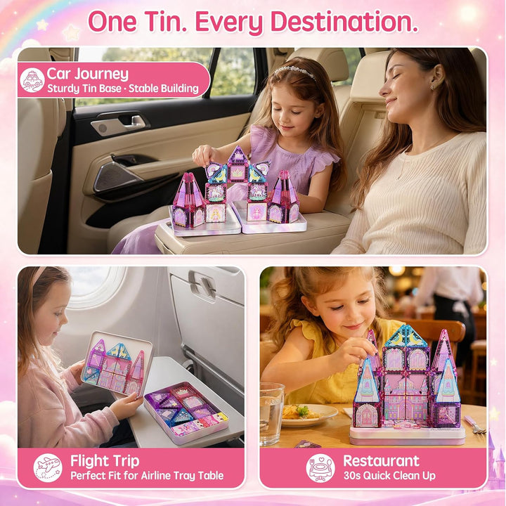 Magnetische Bausteine Reisespielzeug für Mädchen: 42pcs Prinzessin & Einhorn Tiles in Tragbarer Meta