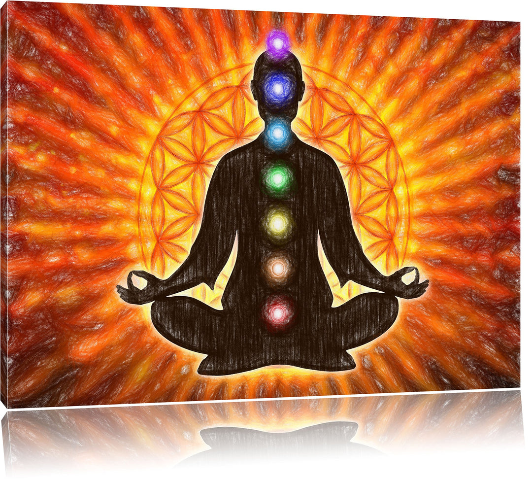 Pixxprint Meditation mit den 7 Chakren als Leinwandbild/Grösse: 100x70 cm/Wandbild/Kunstdruck/fertig