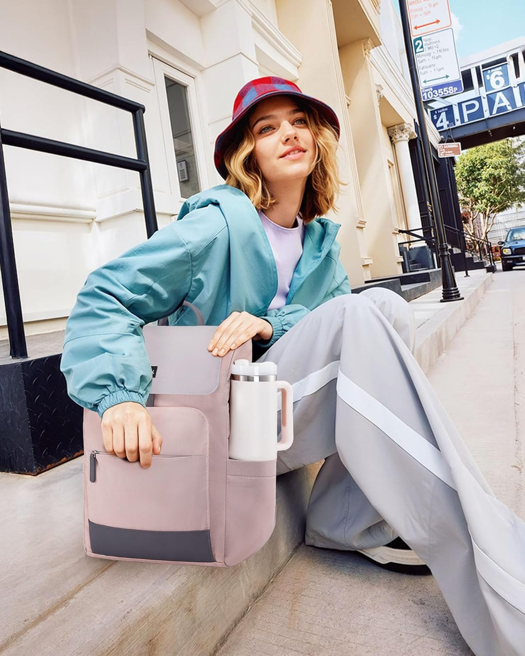 LOVEVOOK Rucksack Damen, 15,6 Zoll Laptop Schulrucksack Teenager Rosa Grau 15.6", Rosa Grau 15.6"