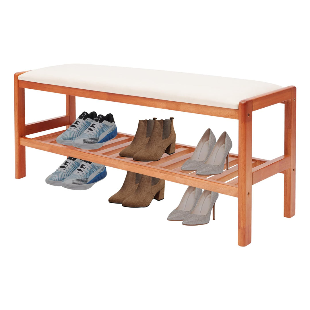 Rotbraune Schuhbank aus Gummiholz mit PU Sitzkissen freistehend | 100 mal 34 mal 42 cm Gesamtgrösse
