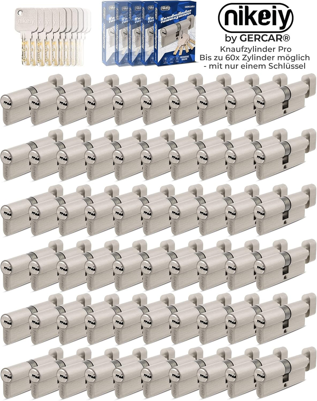 GERCAR Pro Gleichschliessend 6 Knaufzylinder 45/45 Set 6x Schliesszylinder mit Knauf inkl. 30 Schlüs