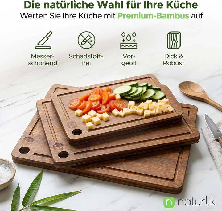 naturlik Schneidebrett Set 3er Karbonisiert - Bambus Schneidebrett Dunkel mit Saftrille - Nachhaltig