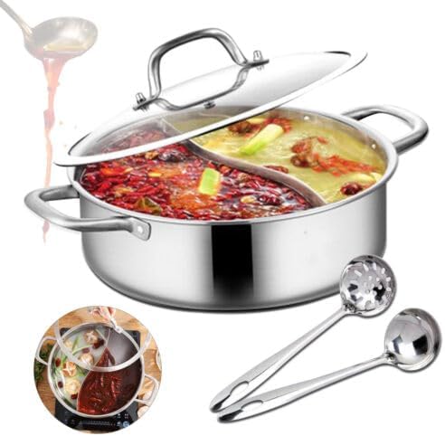Hot Pot Herd 32 cm Fondue Topf mit Trennwand und Deckel, Shabu Shabu aus Edelstahl in Lebensmittelqu