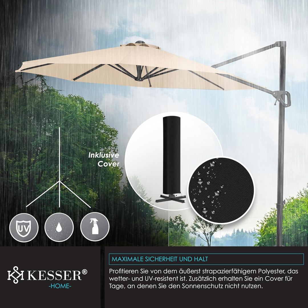 KESSER® Sonnenschirm Ampelschirm SUN Rund XL Ø330 cm Inkl. Abdeckung + Windsicherung 7-Fach Verstell