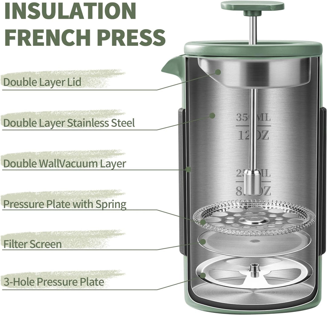 French Press – 350 ml Kaffeepresse aus Edelstahl, 2 Tassen Kaffeebereiter für gemahlenen Kaffee, tra