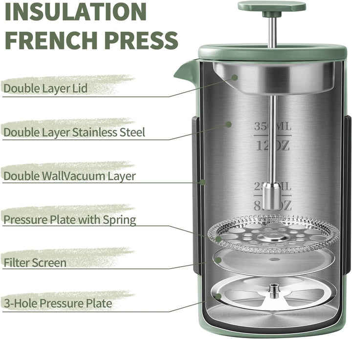 French Press – 350 ml Kaffeepresse aus Edelstahl, 2 Tassen Kaffeebereiter für gemahlenen Kaffee, tra