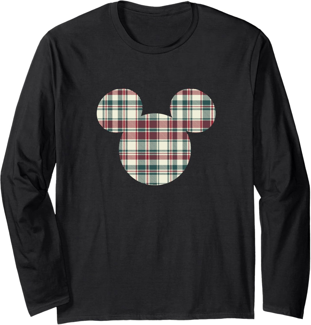 Disney Mickey Mouse Head Icon Christmas Holiday Plaid Langarmshirt