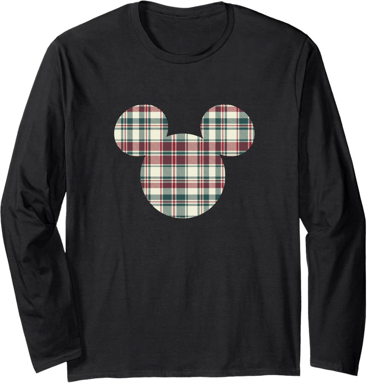 Disney Mickey Mouse Head Icon Christmas Holiday Plaid Langarmshirt