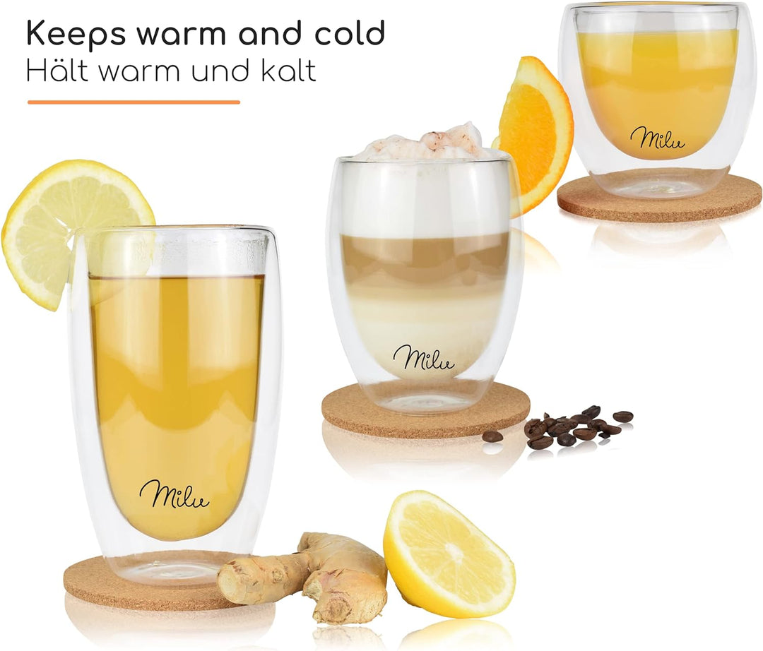 Milu Thermogläser Set – 4 vers. Grössen - Doppelwandige Espresso Gläser - Kaffeegläser, Latte Macchi