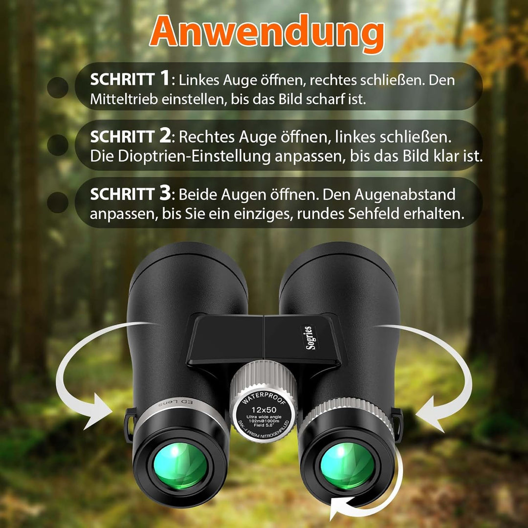 12x50 ED Fernglas für Erwachsene – Professionelles Dachkantprisma, HD-Optik, Rutschfester Griff, IPX