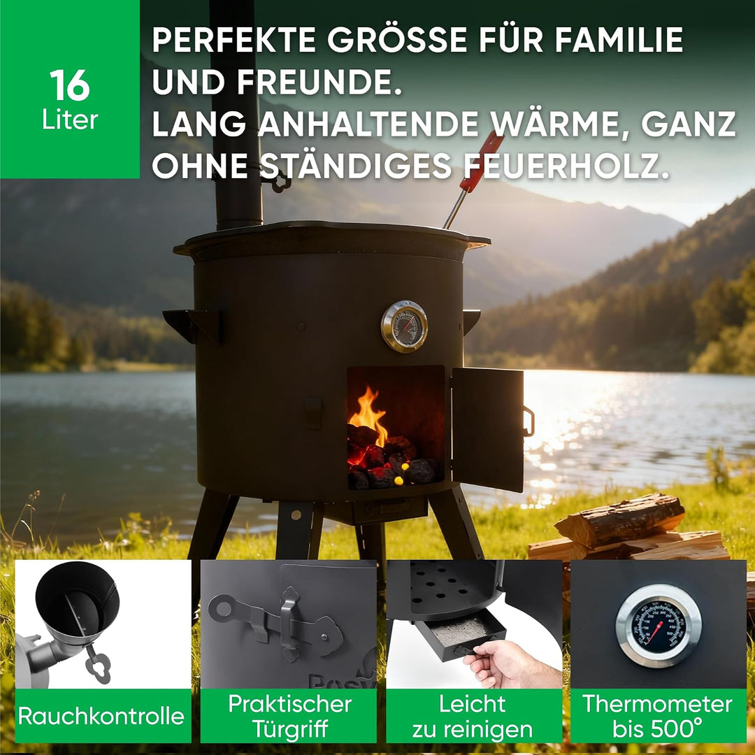 Gusseisen Kazan 16 L Kasan Казан mit Feuerofen Utschak Ø 44 cm flacher Boden Verlängerungsrohr Schöp