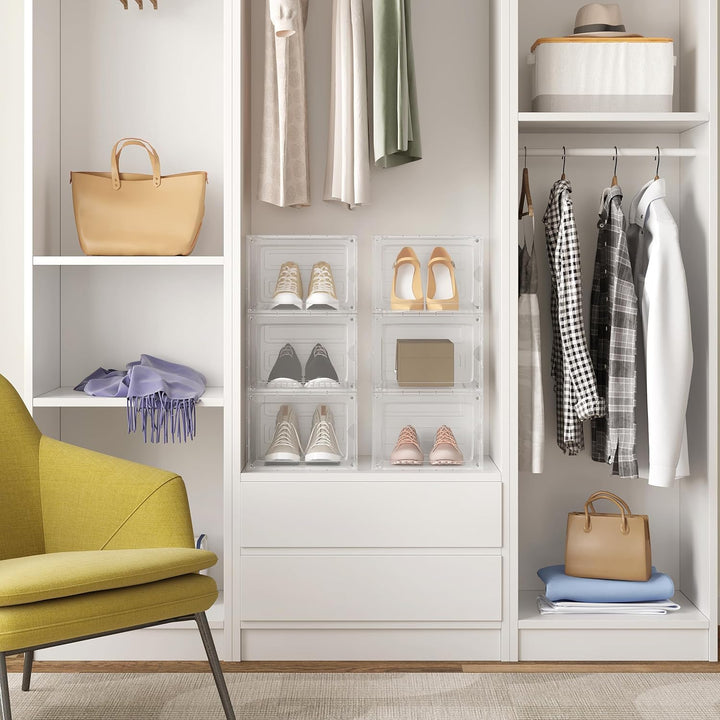 WOLTU Schuhboxen, 3er Set stapelbare Schuhbox, Schuhkarton Schuhkasten, mit magnetischer Tür, transp