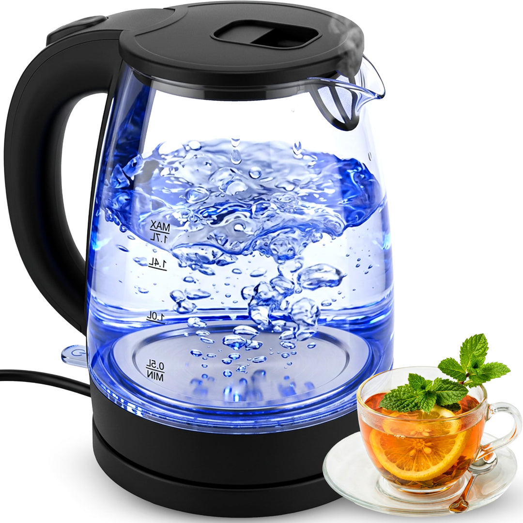Retoo Glas Wasserkocher mit 1.7L 2200W, Blitzaufheizung, Blaue LED Innenbeleuchtung, 360° Basis, Aut