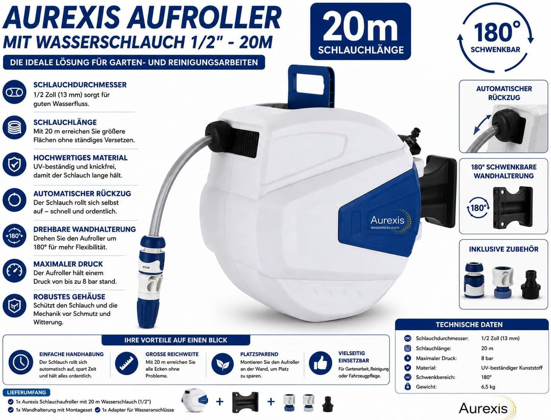 Schlauchaufroller mit 20m Gartenschlauch – 1/2 Zoll Anschluss – Automatischer Aufrollmechanismus – U