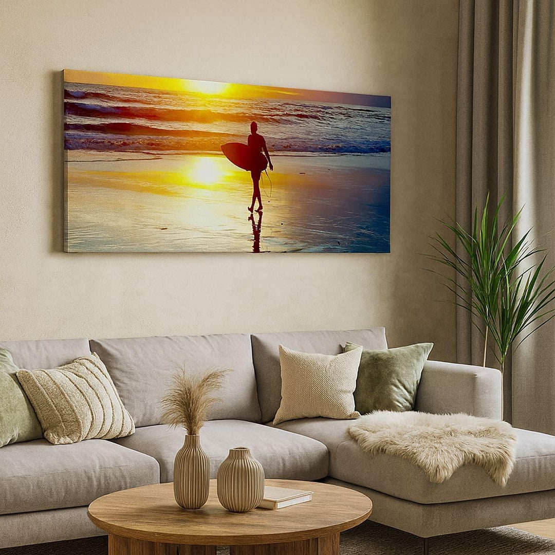 Wandbilder Dekoration Wohnzimmer Surfer sonnenuntergang ozean brett Bilder auf Leinwand 120x50cm Lei