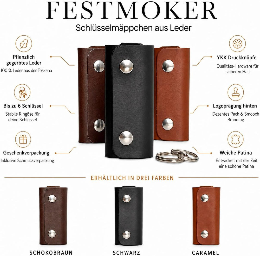 Schlüsseletui, Schlüsselorganizer aus Naturleder für bis zu 8 Schlüssel Handmade in Germany Dunkelbr