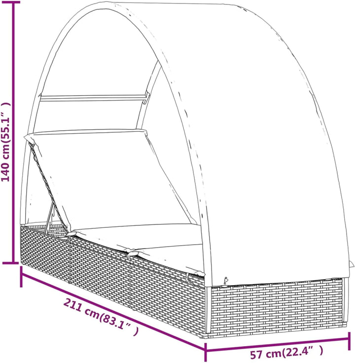 Yolola Sonnenliege mit Dach, Gartenliege mit Runddach, Poly Rattan, bis 150 kg belastbar, Rückenlehn