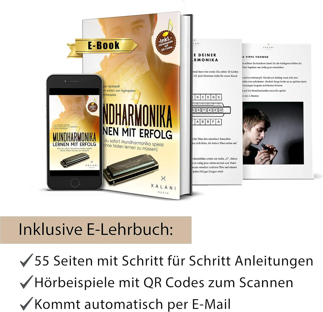 XALANI Mundharmonika Genius Edition inkl. Etui und Pflegetuch I Bonus: E-Book gratis I G-Dur Blues H