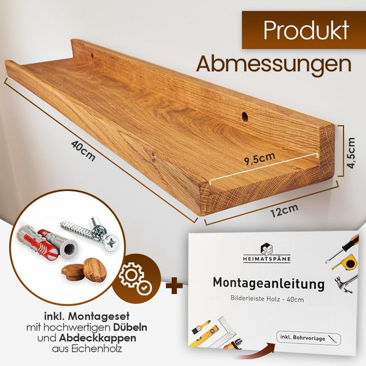 Heimatspäne 2er-Set Bilderleiste Holz 40cm – Echtes Eichenholz, freischwebende Regalbretter inkl. Sc