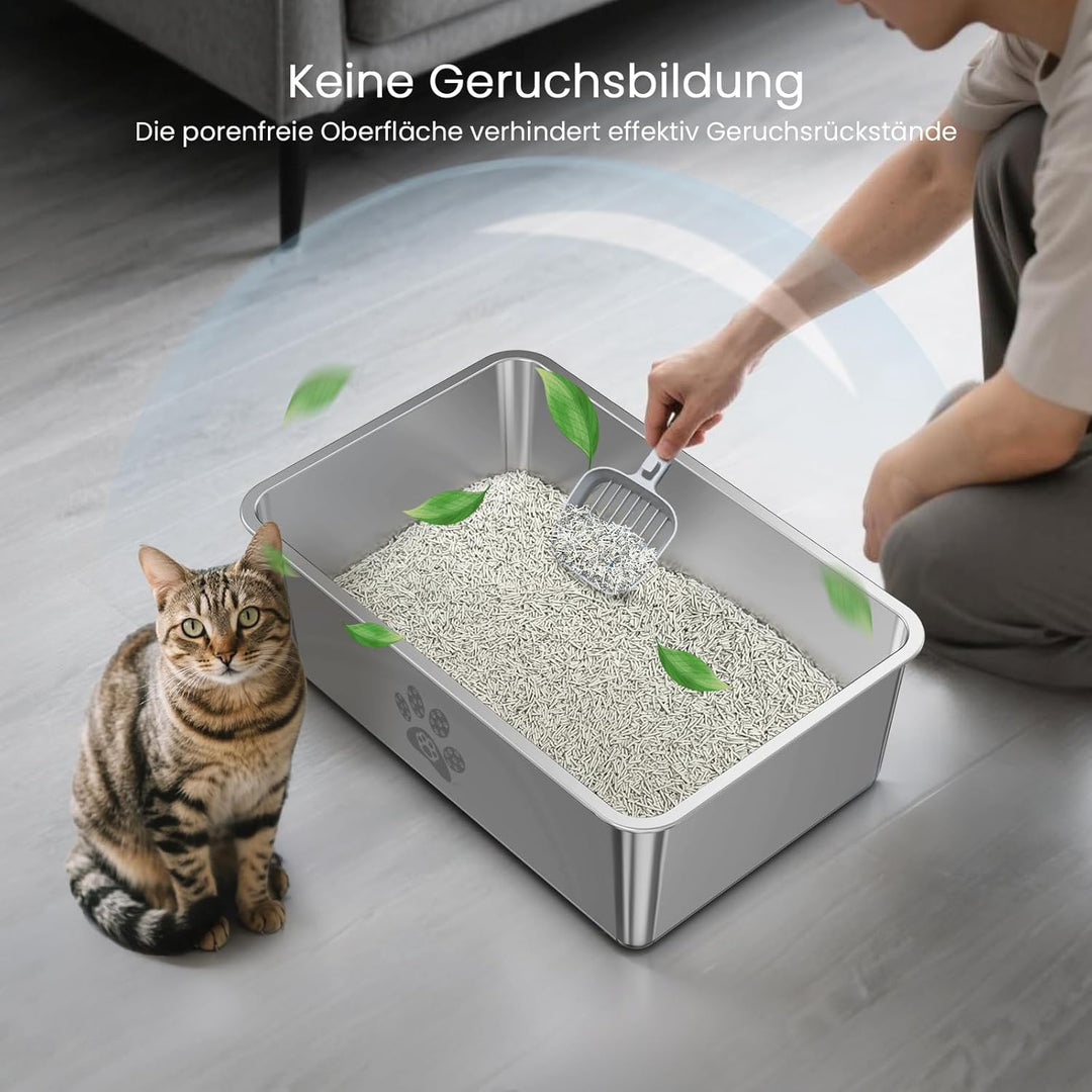 PTLOM Edelstahl Katzenklo, Grosse Katzentoilette aus Metall, Spritzwassergeschützt, Geruchsfrei und