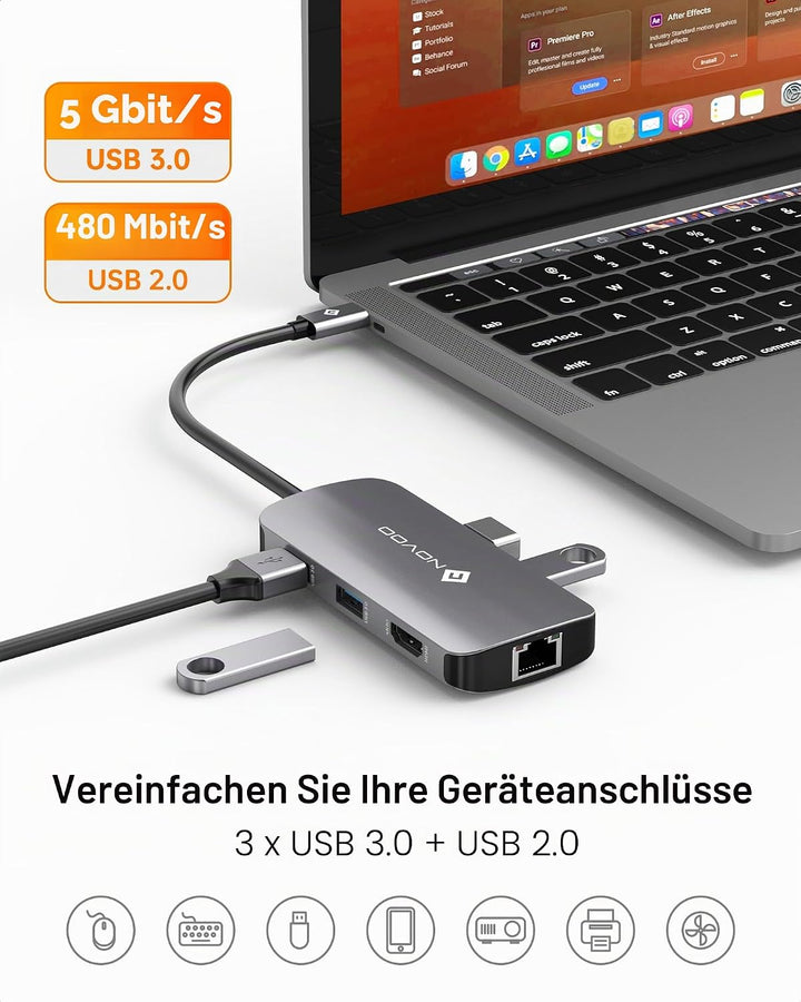 NOVOO Mulitport USB C Hub Adapter USB C auf USB x 4, 100 W PD Ladeanschluss, 4 K HDMI, RJ45 Ethernet