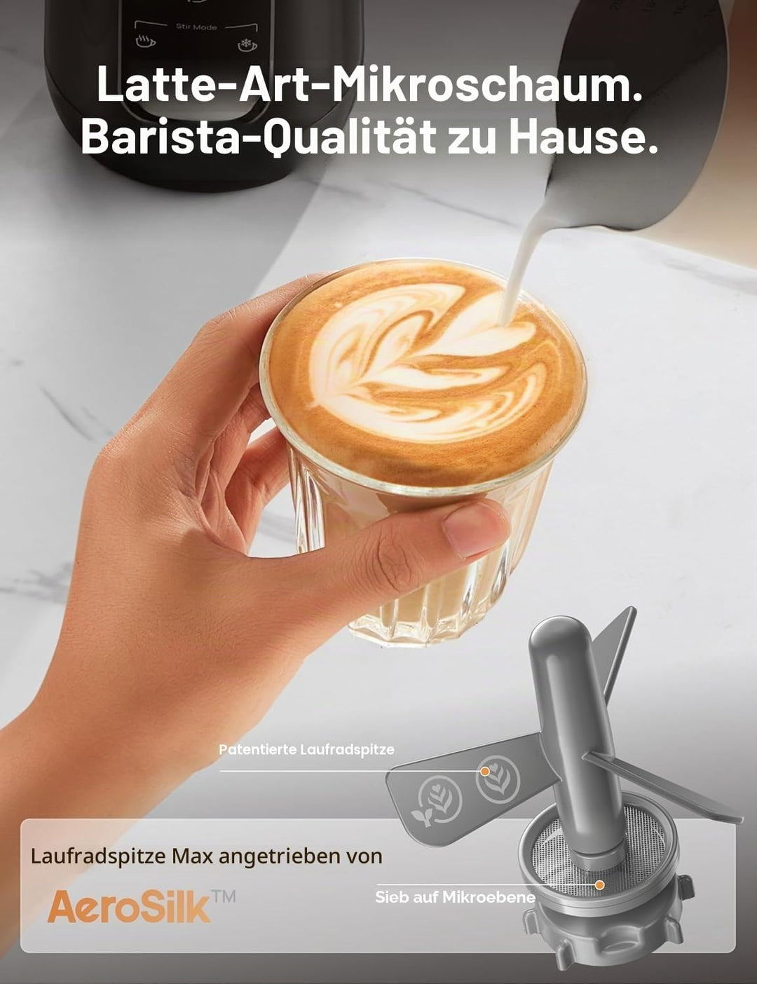 DREO Milchaufschäumer, 6-in-1 Elektrischer Milchschäumer für Latte Art Mikroschaum und Kaffee, 270ml